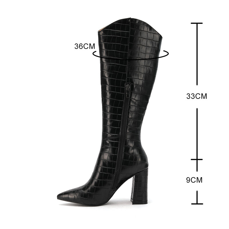 Bottes de Cowboy occidentales pour Femmes, chaussures d'hiver à motif en cuir microfibre gaufré, talons hauts, longueur aux genoux, 43