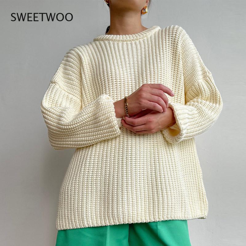 Pull tricoté épais surdimensionné à manches longues pour femme, ample et décontracté, couleur unie, collection automne-hiver 2021