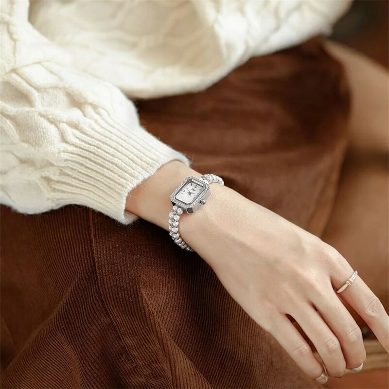 Relojes de pulsera de perlas naturales para mujer, joyería de vestido de moda de verano, reloj de pulsera cuadrado rectangular, relojes de cristales de cuarzo