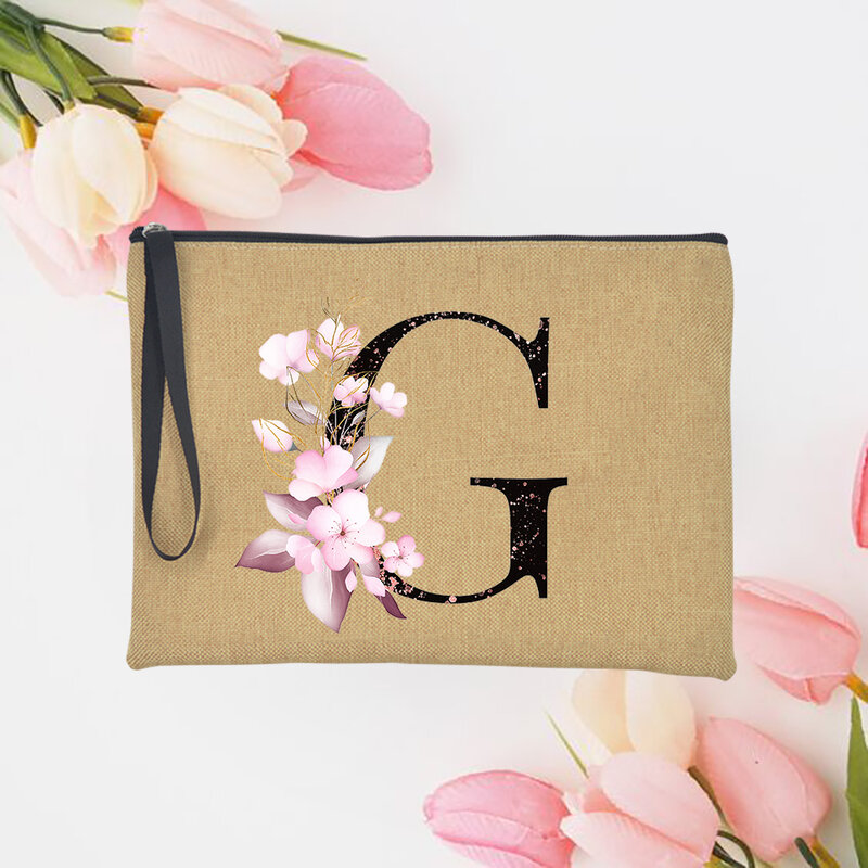 Bolso de mano con A-Z del alfabeto y flores rosas para mujer, bolsa de lino a la moda para cosméticos, bolso de mano para maquillaje, bolsa de viaje para muñeca, regalo