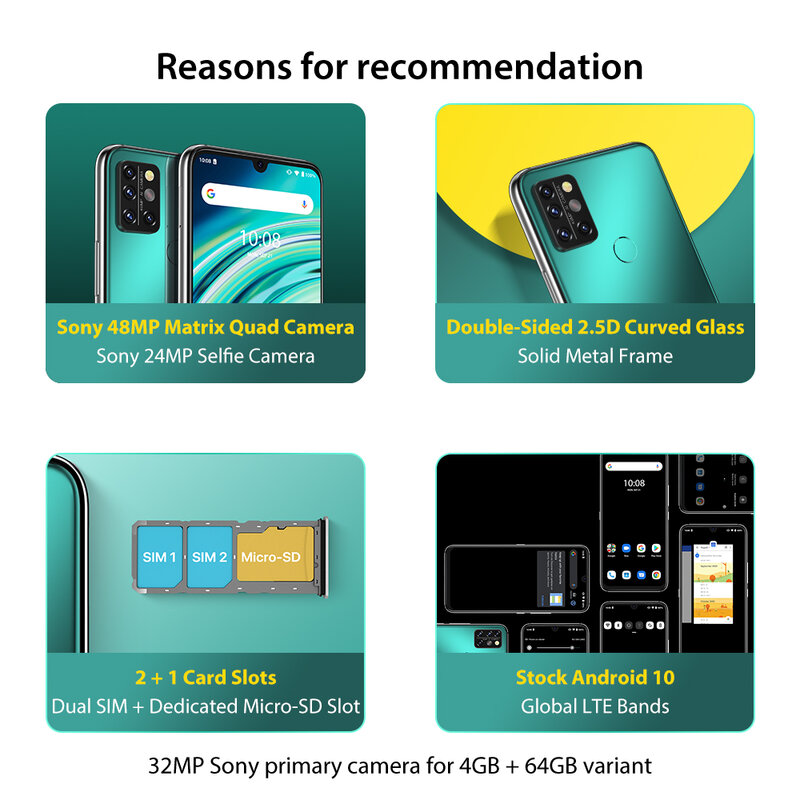 UMIDIGI-A9 Pro Smartphone, Android 10, Desbloqueado, Versão Global, 6,3 ", FHD +, Câmera Quádrupla, Helio P60 Celular, 32MP, 48MP