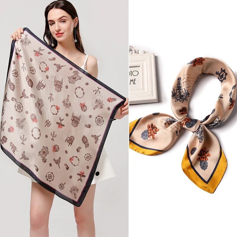 Pañuelo de seda satinada con estampado para mujer, bufanda cuadrada de 70x70cm, accesorios para el cabello, diadema para muñeca, Hijab, Echarpe 2022