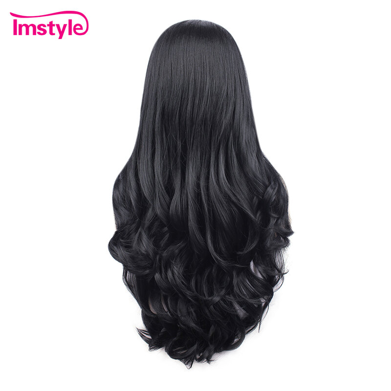 Imstyle Black Wig Long Synthetic Hair Wig For Women Natural Wavy Heat Resistant Fiber Lace Front Wig Glueless Soft Cosplay Wigs