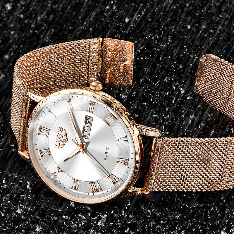 LIGE 브랜드 여성 시계 초박형 럭셔리 쿼츠 시계 패션 숙녀 시계 스테인레스 스틸 방수 캘린더 주 손목 시계