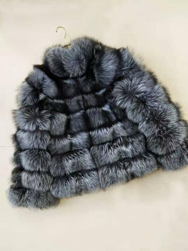 Модное женское пальто Linhaoshengyue из серебристого лисьего меха, Женское пальто из лисьего меха в горизонтальную полоску с воротником-стойкой
