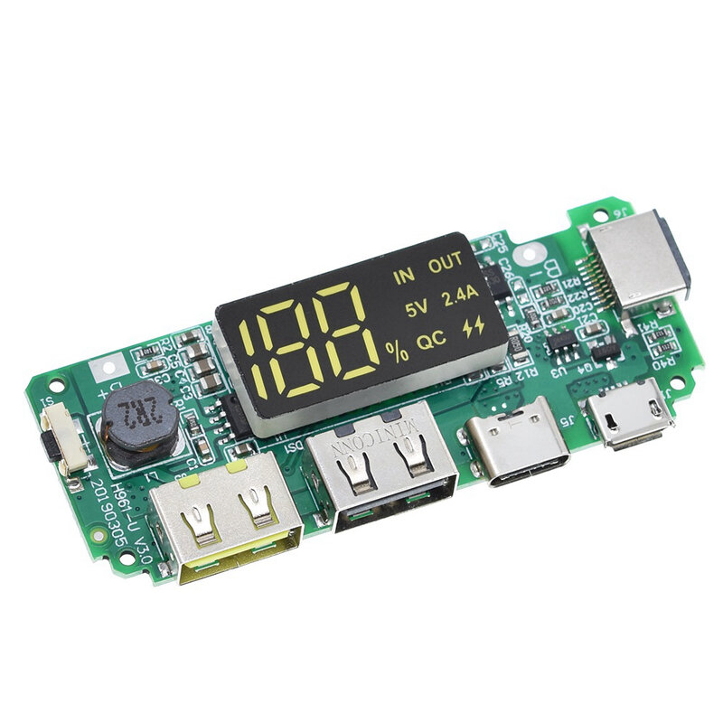 Proteção de circuito da placa do carregador da bateria do lítio, banco móvel do poder, LED, USB duplo, micro, tipo-C, 18650, 5V, 2.4A