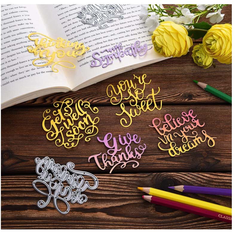 6 Stuks Geloven In Je Dromen Sterft Stansmessen Metalen Vlinder Sterven Embossing Stencils Voor Thanksgiving Kerstmis Kaart Papier