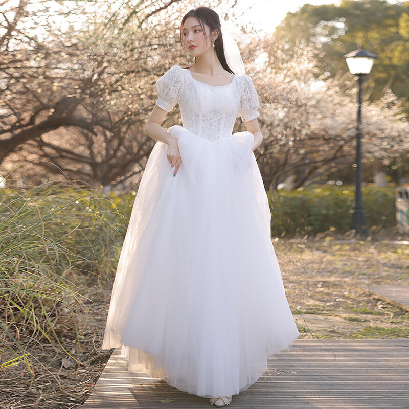 Женское свадебное платье трапециевидной формы, белое фатиновое длинное платье во французском стиле, бальное платье для вечерние ринки, 2021