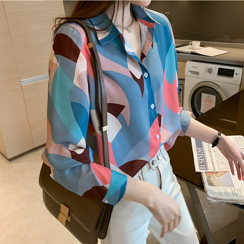 Women Blouses Print Shirts Business Tops 2021 Autumn Chiffon Ladies Long Sleeve Chiffon Shirt Office Lady Vintage Y2K Trendy