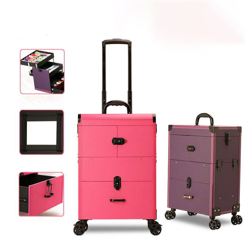 Tato kuku troli tas kosmetik, koper untuk Makeup dengan roda Wanita Multi lapisan kapasitas besar kotak bagasi kecantikan