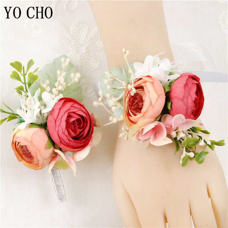 Yo cho flores de rosas de seda artificial, noivo, damas de honra, pulso, bracelete de menina, festa de casamento, flores