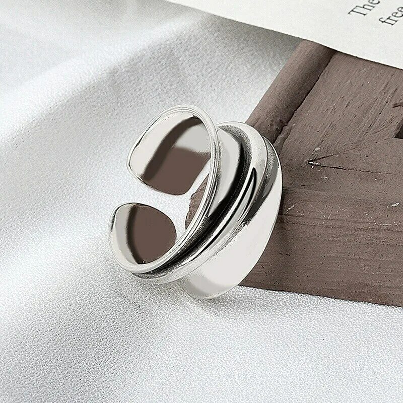 925 Sterling Silver rings for women wide smooth round Simple Minimalist Open Adjustable Finger Rings Fashion Band Female Bijoux
