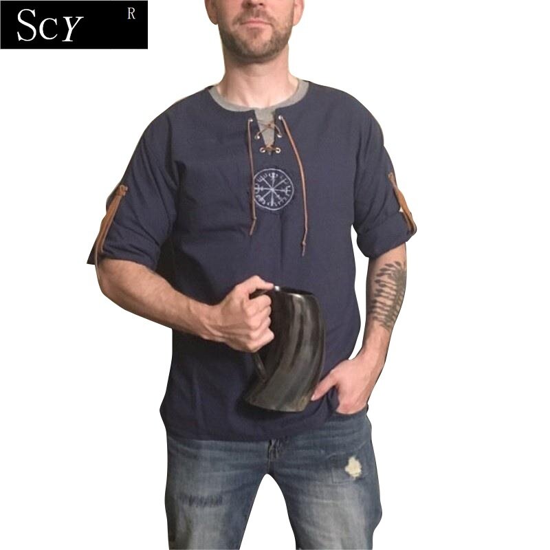 Chemise à manches longues à col en V pour hommes, broderie prairie Viking, haut à lacets, grande taille, vêtements pour hommes