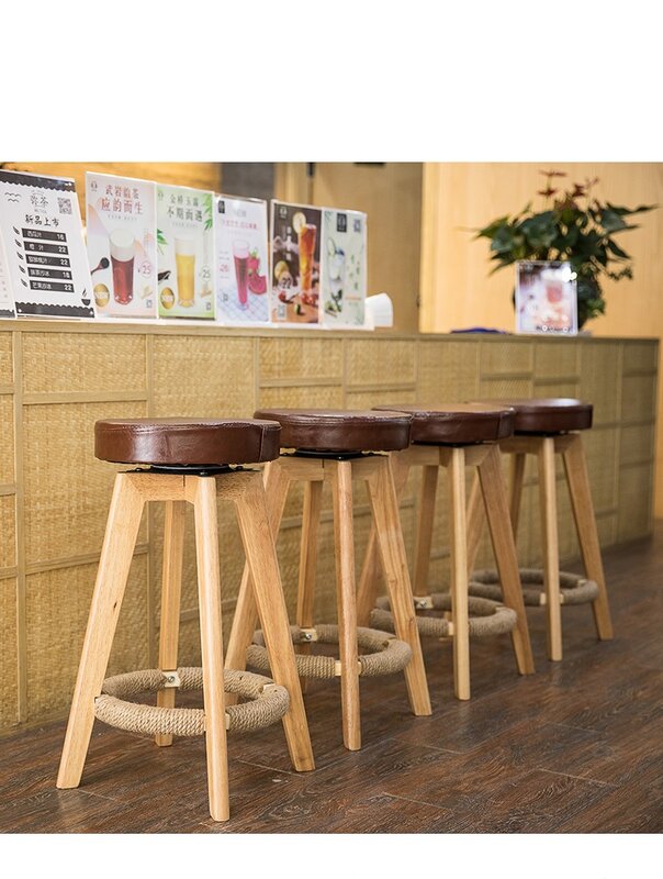 Bancos de bar retrô de madeira estilo europeu, rotação simples, banco alto, mesa frontal