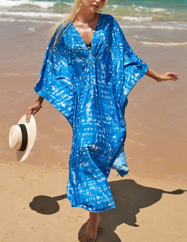 Bsubseach, кафтан с V-образным вырезом, женская Пляжная накидка, купальник с рукавами «летучая мышь», платья макси для женщин