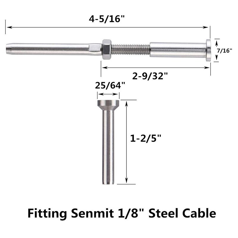 Receptor tensor de perno roscado de barandilla de Cable de grado 316 de acero inoxidable, Terminal de Stemball de cabeza plana para Cable 1/8, 20 pares