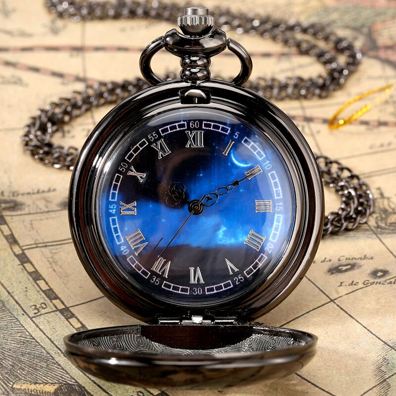 Exquisita esfera azul estrellada colgante de bronce, caja hueca, reloj de bolsillo de cuarzo, números romanos, Relojes Retro, regalo de recuerdo para hombres y mujeres