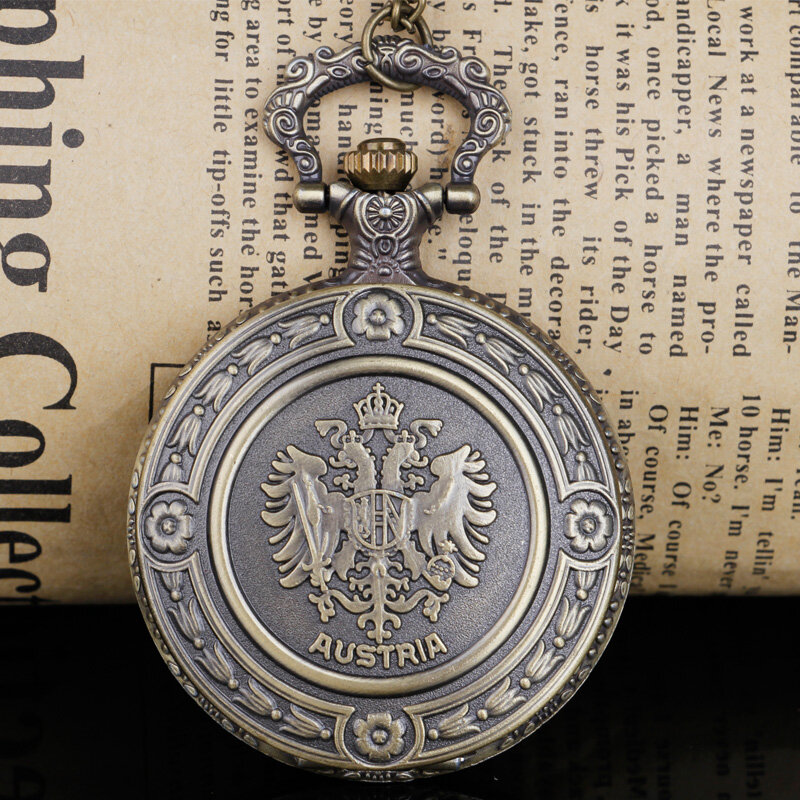 Top kreative Bronze Fans Quarz Taschenuhr Österreich National Emblem Halskette Uhren für Männer Frauen td2100