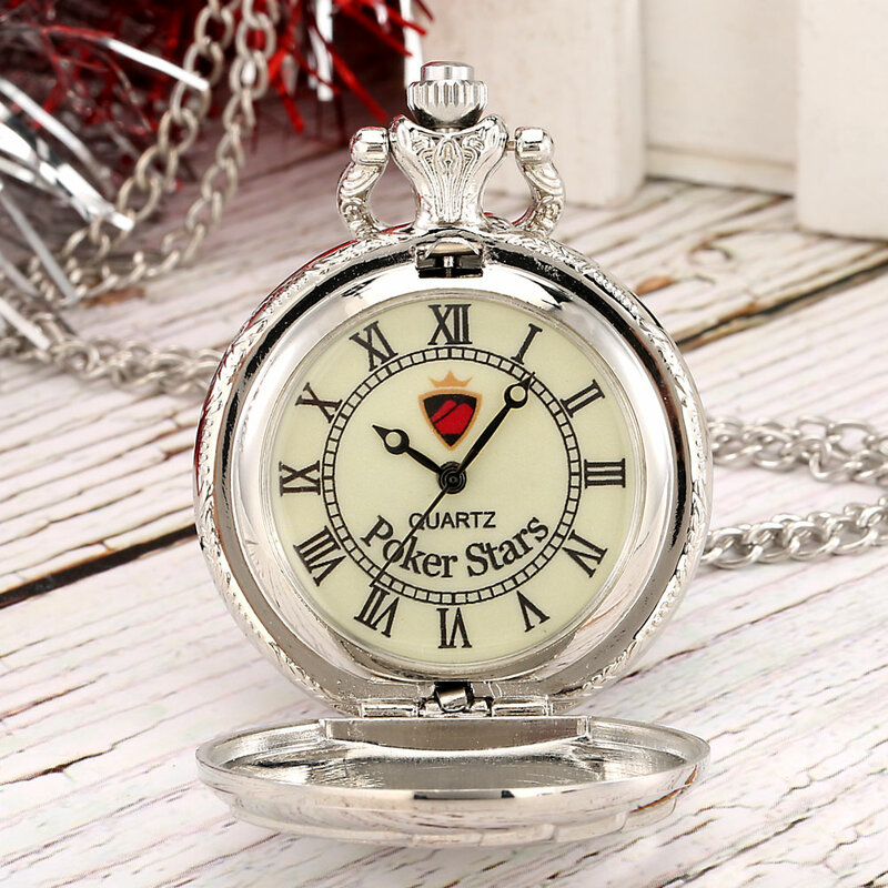Серебряные карманные часы с покером Изящный чехол покер звезды римские цифры кварцевый Циферблат ожерелье тонкая цепочка часы подарок для друга