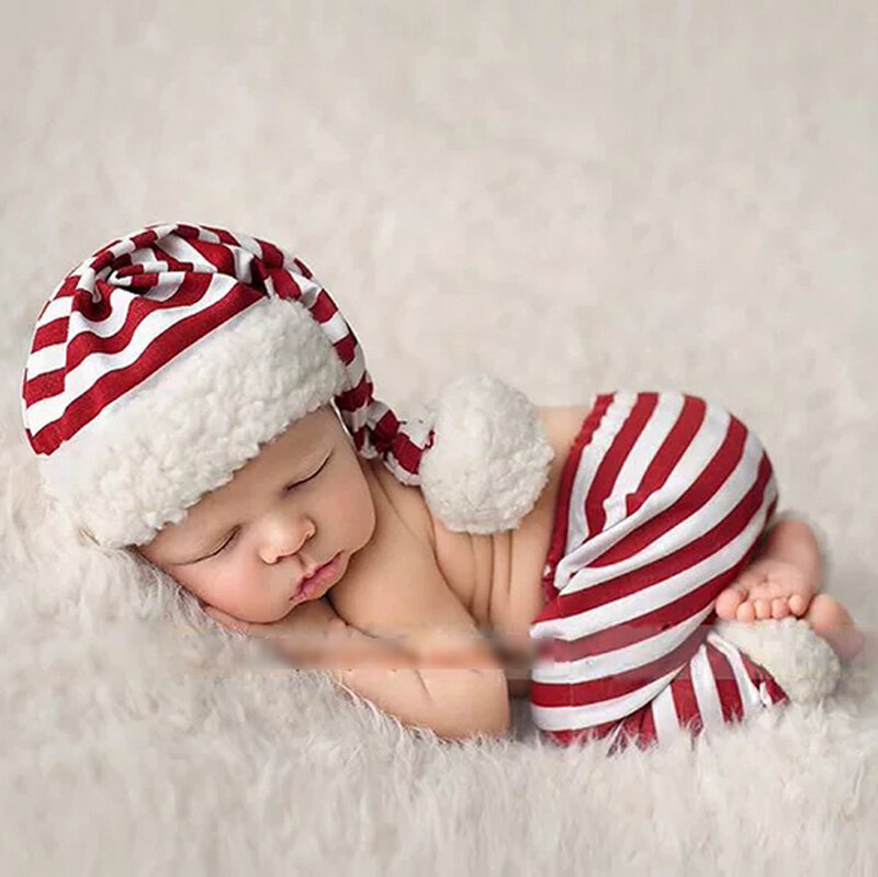 Noworodek fotografia rekwizyty kombinezon niemowlęcy Romper kapelusz świąteczny fotografia dziecięca Studio strzela Prop akcesoria