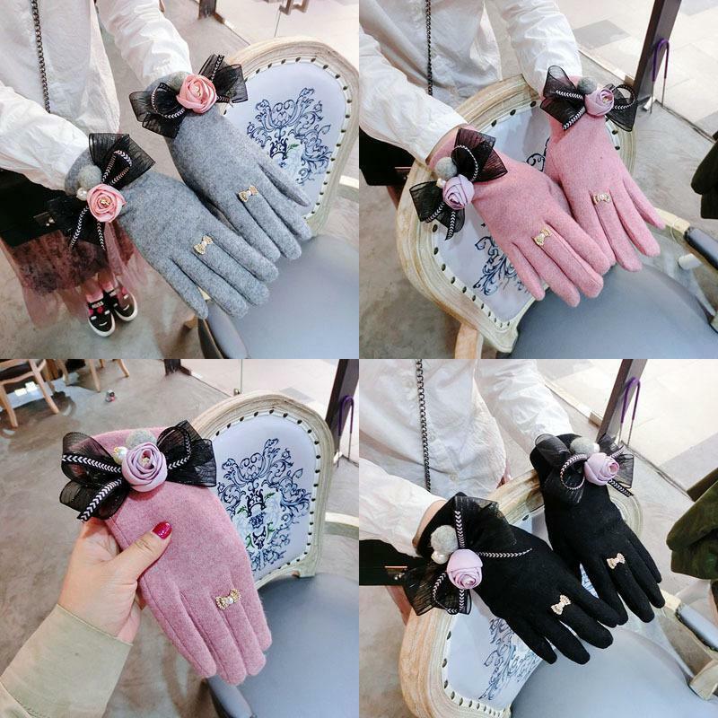 レトロ小香風シンプルな女性の椿の女性の冬の手袋韓国のファッション厚く暖かいタッチスクリーン手袋