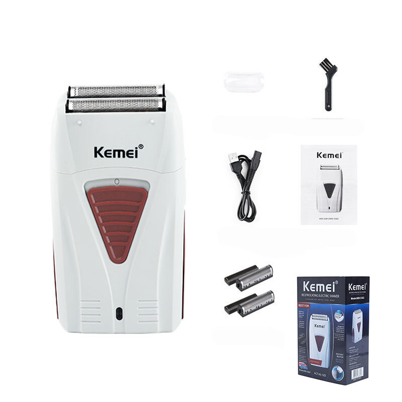 Kemei 남성용 3382 이발사 마감 전기 면도기, USB 무선 충전식 수염 면도기, 왕복 포일 메쉬 면도기