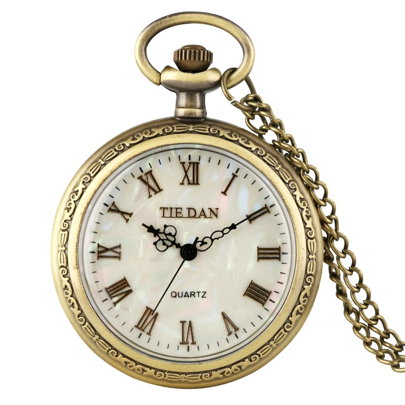 Reloj de cuarzo con caja de aleación duradera antigua, esfera de concha Normal con números romanos, relojes de bolsillo, reloj colgante con cadena para hombres y mujeres