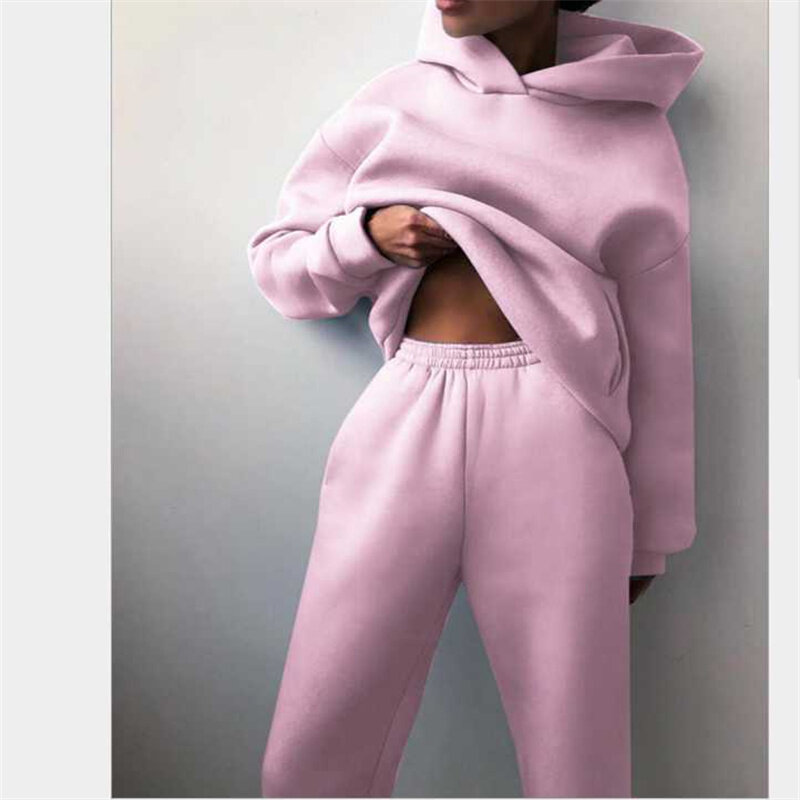 우아한 솔리드 스웨터 긴 바지 여성용, 따뜻한 후드 패션 2 피스/세트