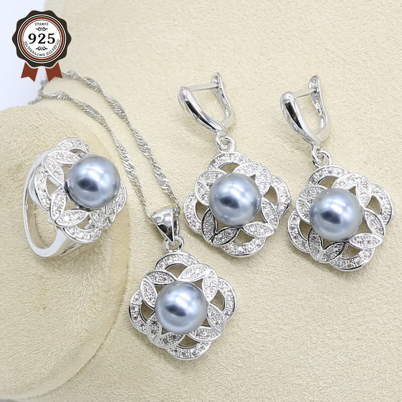 Cinza pérola prata conjunto de jóias de casamento para mulheres brinco colar pingente anel presente de aniversário