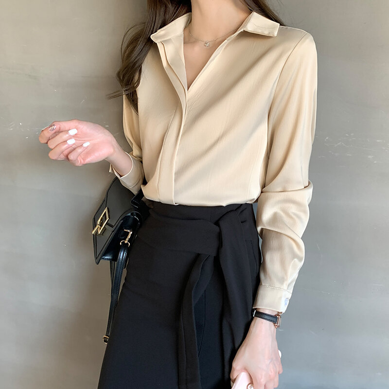Biuro bluzka dla pań kobiety wiosenne jesienne bluzy długi guzik na rękawie skręcić w dół kołnierz szyfonowe koszule odzież damska bluzka Femme 2021