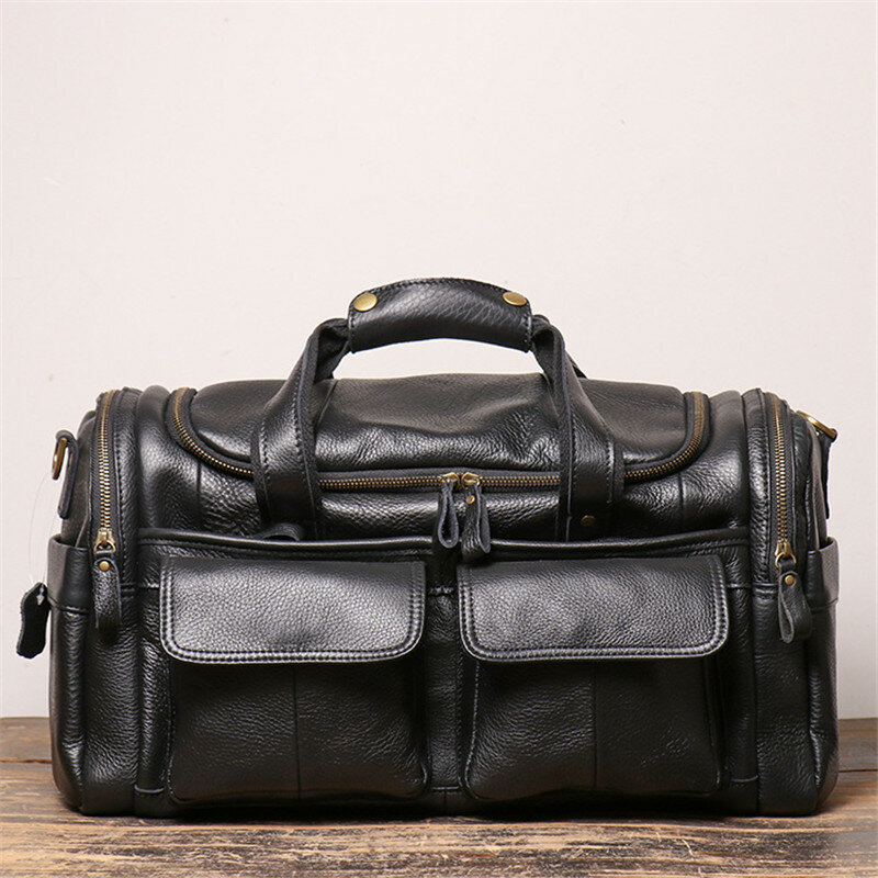 Nesitu High Quality Large Big Vintage Brown Black Genuine Leather Business Men Travel Bags Shoulder Messenger Duffle Bag M0571
