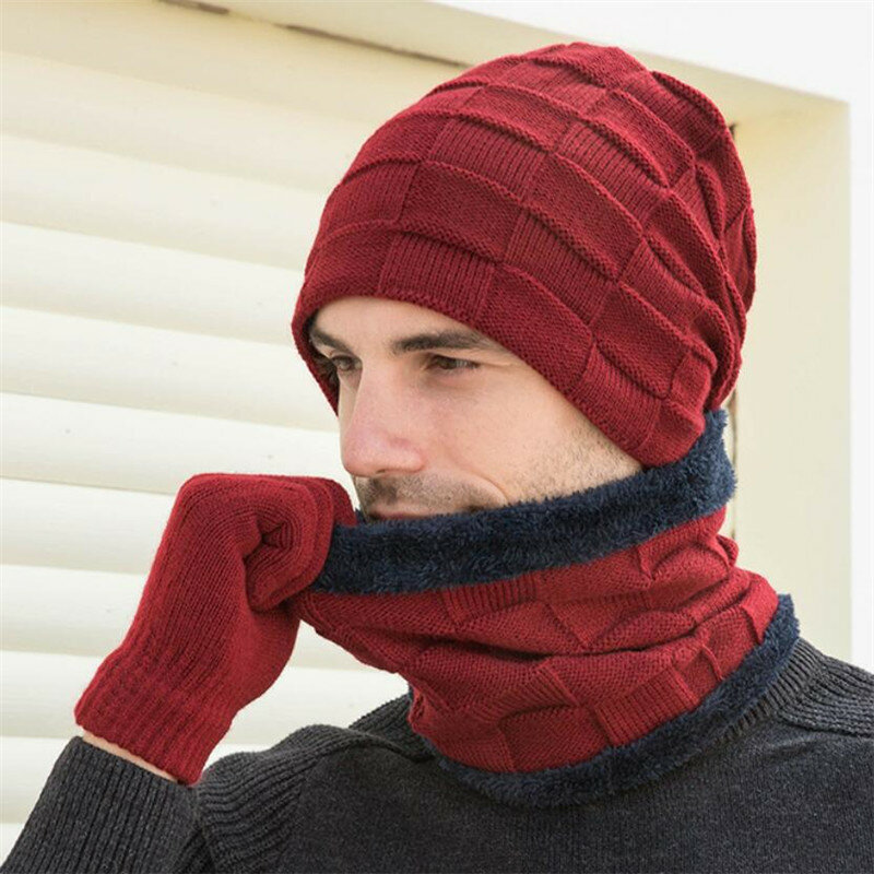 Gants d'hiver pour hommes, ensemble 3 pièces, écharpe, bonnet en peluche tricoté chaud pour l'extérieur, gants pour écran tactile, accessoires masculins, 2019