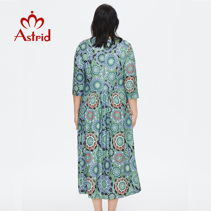 Astrid Women's Summer Dress 2022 for Women Loose Boho Casual Plus size Beach Flower Print silk Long Green Dresses With necklace