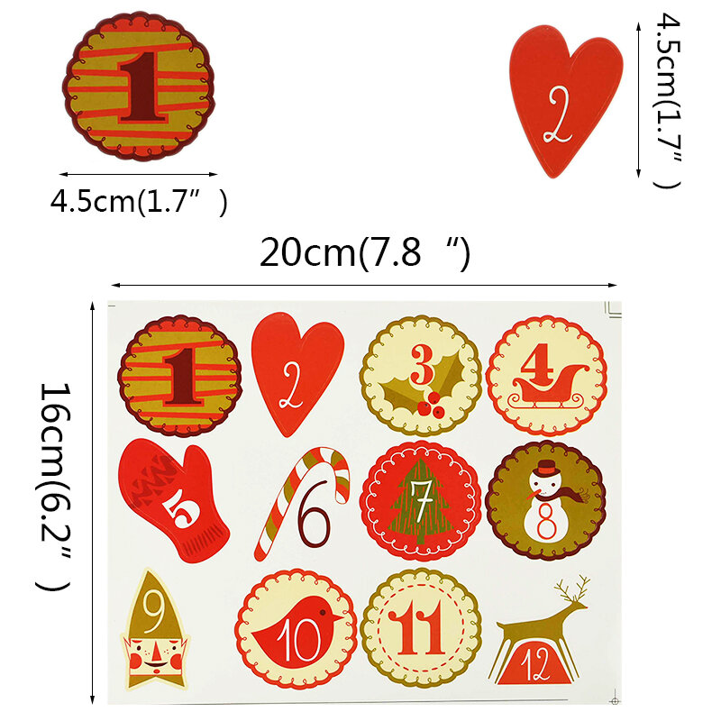 1-24 Paper Sticker 4sheets Merry Christmas Advent Calendar Number Cookie Candy Seal Tags DIY Gift Labels Xmas Party Decor