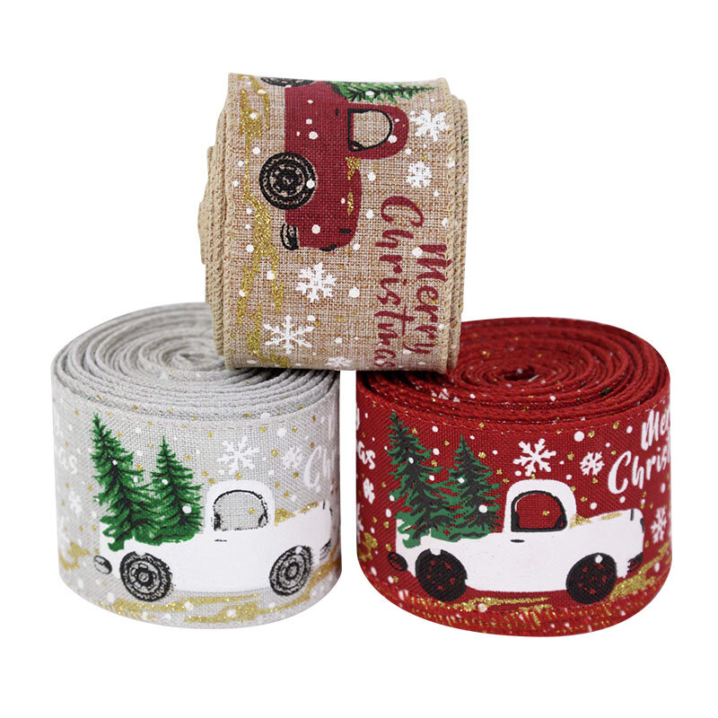 Rollo de cinta de arpillera de Navidad, cinta de serpentina de árbol de Navidad, coche, camión, cinta a cuadros rojos para envolver regalos de Navidad, artesanía de arco DIY
