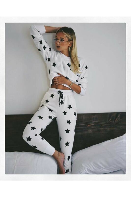 Conjunto de pijama de estrella blanca para mujer, camisón informal, diseño elegante, tela turca, ropa interior de calidad, ropa de dormir