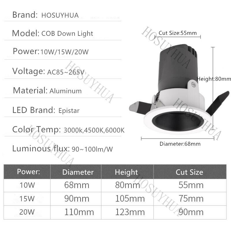 Dimmable Embedded Anti-glare Led COB Ceiling Recessed downlight 10w 15w 20w Indoor LED wall wash light Hotel Villa Lighting