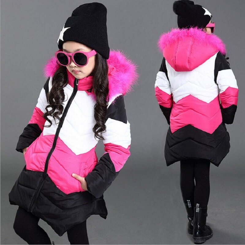 2020 new winter girl's cotton padded jacket thickened medium length jacket children's Baby Plush hooded Plush jacket
