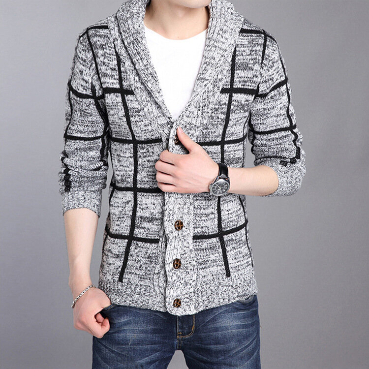 Мужской свитер в Корейском стиле на осень и зиму, Модный облегающий клетчатый свитер с длинными рукавами и отложным воротником, мужской вязаный кардиган