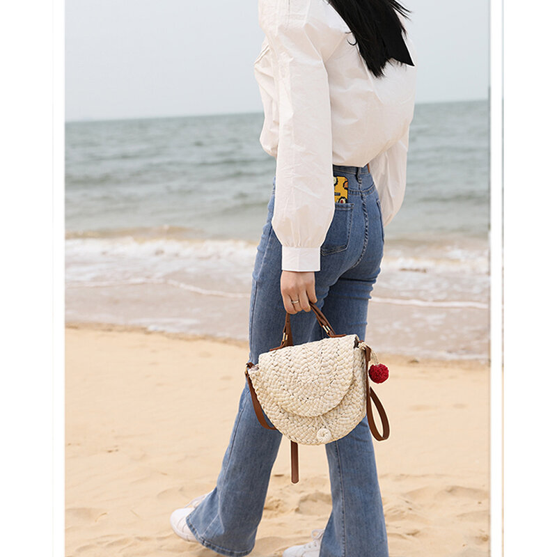 Casual Summer Handmade Straw Bags Women Rattan Handbag Half Moon Shoulder Bags All-Match Travel Weave Messenger Crossbody Bag