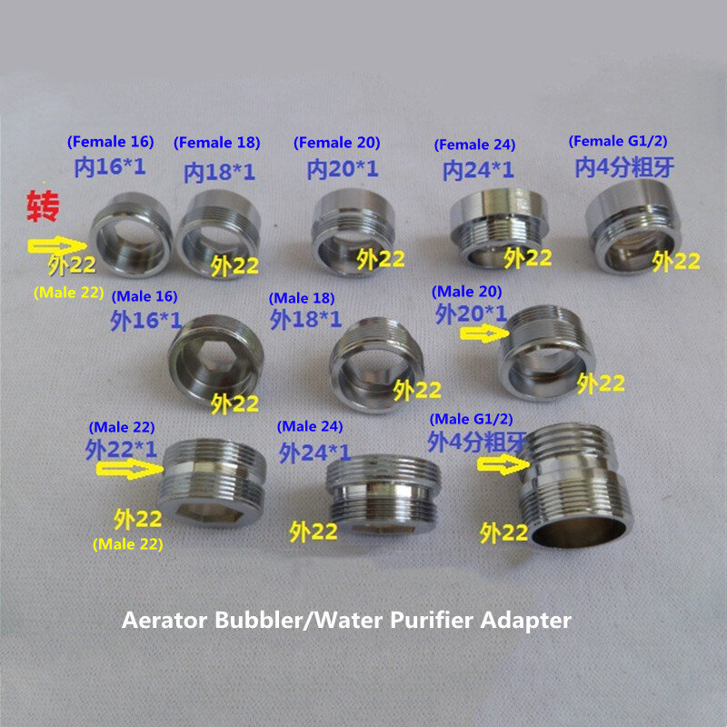 Conectores G3/4 G1/2 a M22 para grifo, adaptador de purificador de agua, aireador de cocina, adaptadores de longitud extendida, 16, 18, 20, 22 y 24mm