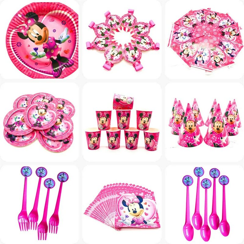 Disney-vajilla desechable con temática de Minnie Mouse para Baby Shower, suministros de decoración para fiesta de feliz cumpleaños, favorito de las niñas