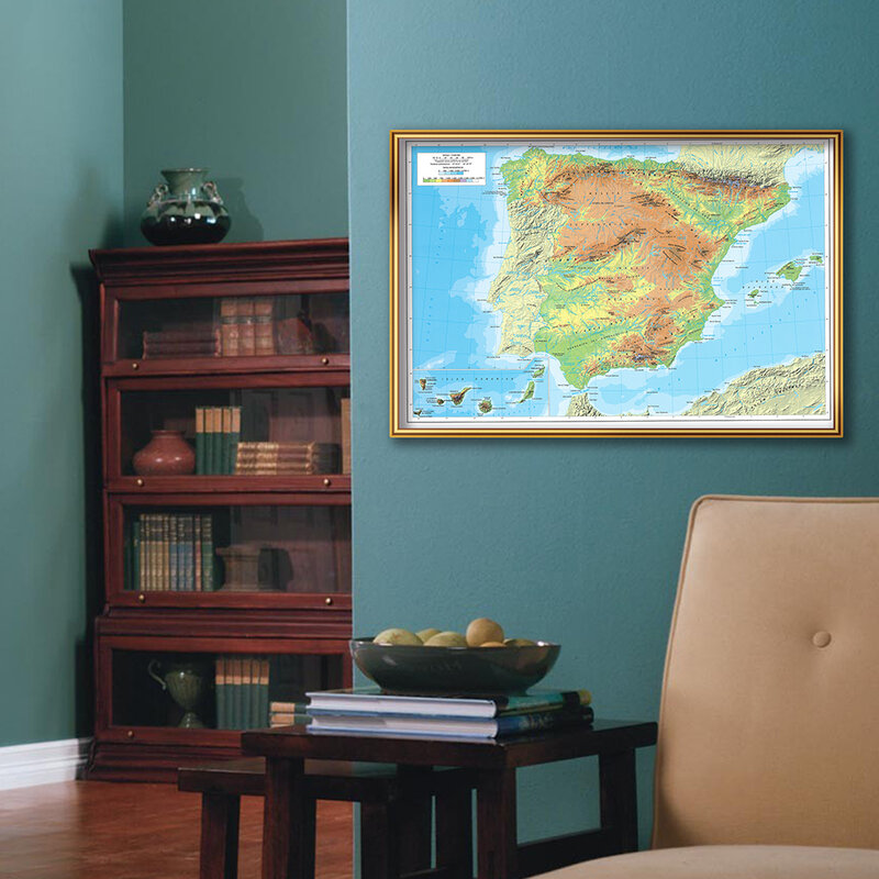 Póster de Arte de pared de mapa topográfico de España, pintura en lienzo, sala de estar, decoración del hogar, suministros escolares de viaje en español, 59x42cm