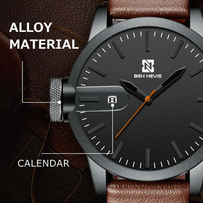 BEN NEVIS New Men's Quartz Large Watch Brown Genuine Leather Band Date Waterproof Wathes Clock Mens Top Brand Relogio Masculino
