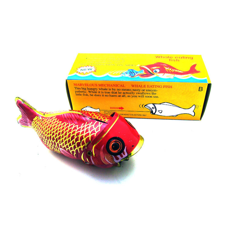 [재미 있은] 성인 컬렉션 복고풍 바람 장난감 금속 틴 고래 먹는 물고기 큰 물고기는 작은 물고기 시계 장난감 그림 빈티지 장난감을 먹는다