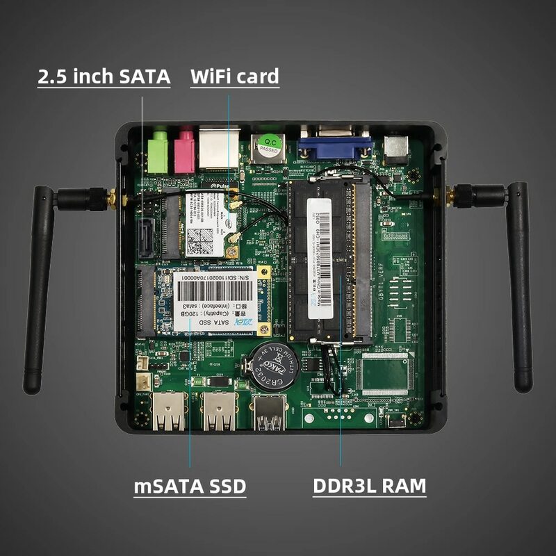 Bepc HTPC คอมพิวเตอร์ขนาดเล็กไร้พัดลม Intel Celeron N2830 Windows 10 Linux DDR3L mSATA SSD VGA HD WiFi Gigabit LAN 5xUSB พีซีราคาถูก