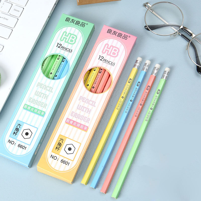 Crayon avec gomme HB, 12 pièces, mignon, Kawaii, dessin animé, papeterie scolaire et de bureau, crayon Standard de santé