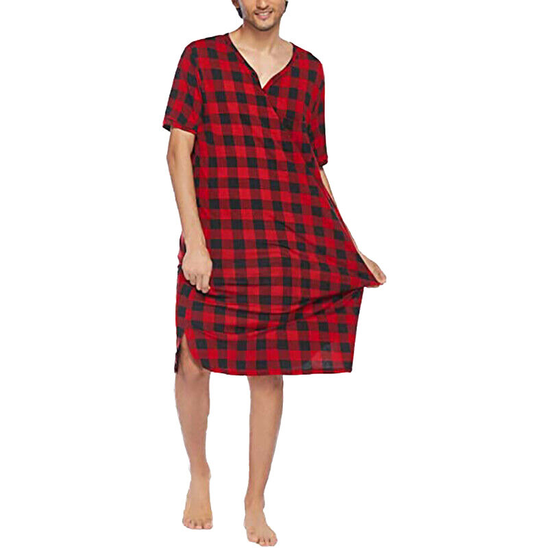 Pijama holgado con estampado a cuadros para hombre, ropa de casa informal de manga corta con cuello en V, camisón de una pieza, Mono para adulto