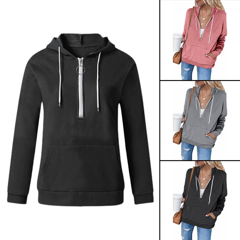 Women's Half-Zip Hooded Pullover Casual Long Sleeve Sweatshirt Fashion Comfortable Outerwear For Autumn Winter Simplicity Warm