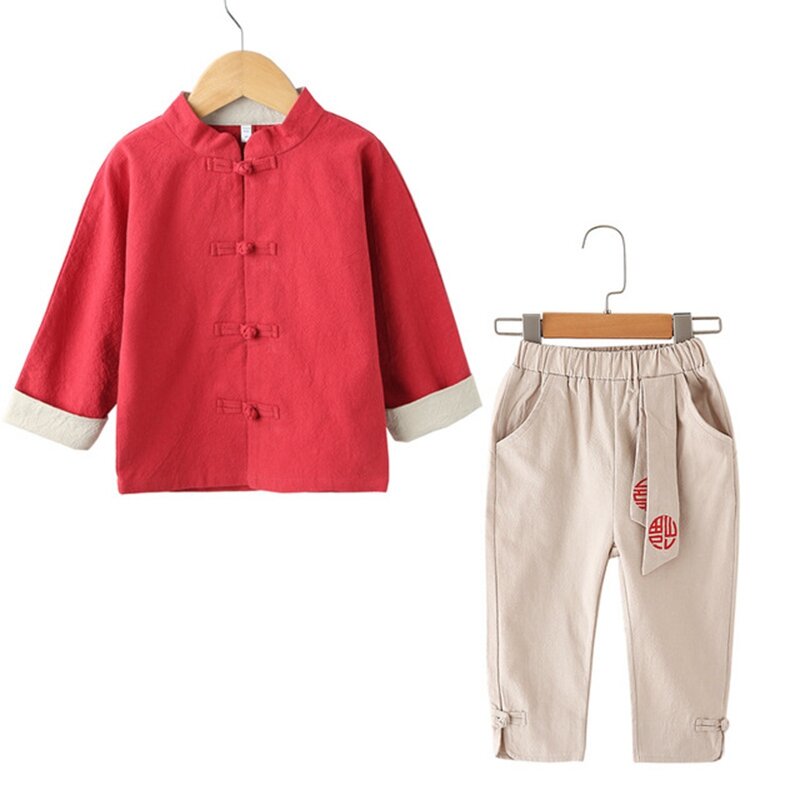 Chłopcy ubrania stałe dzieci bawełna i odzież dziecięca chłopcy strój Tang zestaw одежда для девочек w stylu etnicznym Hanfu koszula garnitur ze spodniami